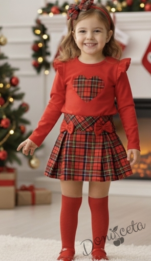 Комплект за момиче от 2 части-пола Вили от трико в каре и блуза с дълъг ръкав в червено със сърце в каре Карена