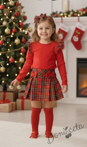 Комплект от 2 части за момиче-пола Вили от трико в каре и блуза с дълъг ръкав в червено с къдрички в каре Карена