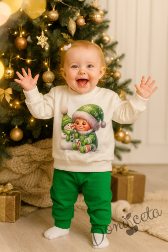  Бебешки коледен комплект от блузка в бяло с коледна картинка и панталонки в зелено