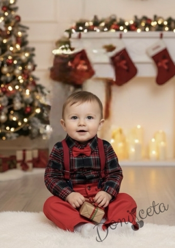 Коледен бебешки комплект от риза каре, панталони в червено с тиранти и папийонка в червено