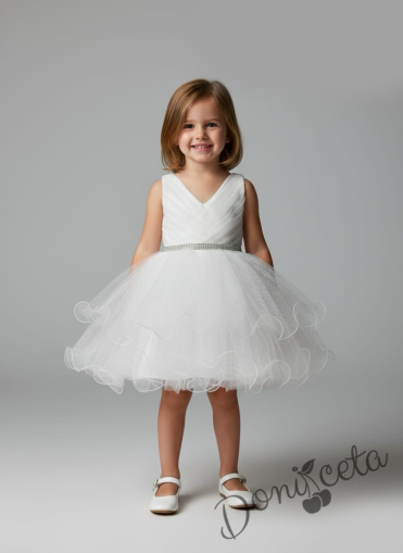 Интересна официална детска/бебешка рокля в бяло с блестящ тюл Лиора