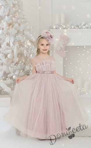 Официална детска дълга рокля без ръкав в пепел от рози с блясък с тюл и диадема