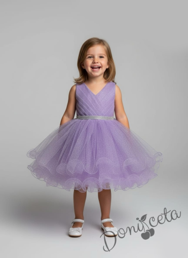 Интересна официална детска/бебешка рокля в светлолилаво с блестящ тюл Лиора