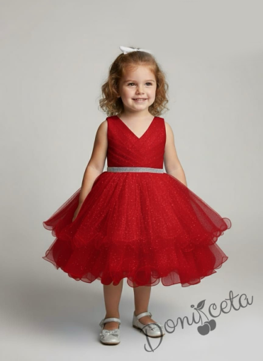 Интересна официална детска/бебешка рокля в червено с блестящ тюл Лиора
