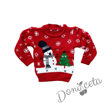 Плетен коледен пуловер със снежен човек и елха за момче
