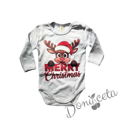 Коледно бебешко боди с дълъг ръкав в сиво с еленче