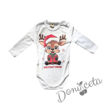 Коледно бебешко боди с дълъг ръкав в бяло с еленче за момиче