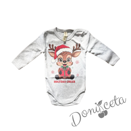 Коледно бебешко боди с дълъг ръкав в сиво с еленче за момиче
