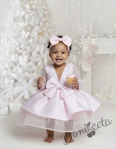 Официална детска рокля Мира с дълъг ръкав в розово с пайети отгоре  от колекция Розовина