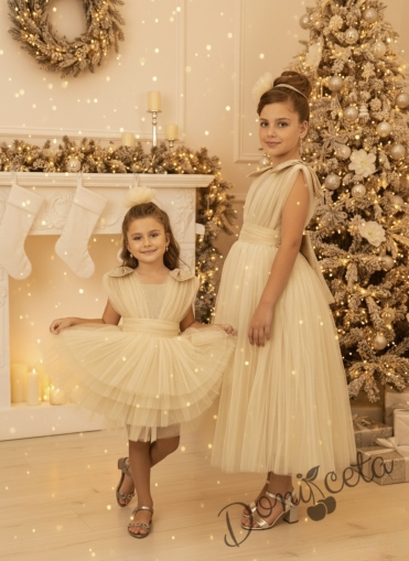Официална дълга детска рокля  Малисия в златисто с тюл и панделка отзад