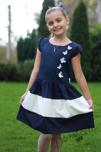 Ежедневна или официална детска рокля в тъмносиньо с 3D пеперуди