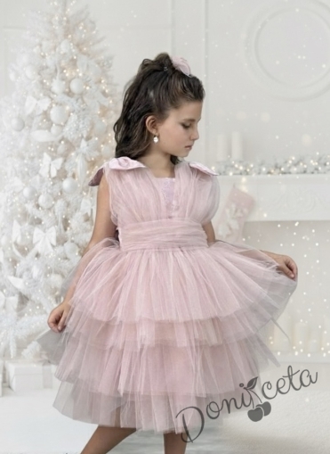 Официална къса детска рокля в пепел от рози с тюл Малисия