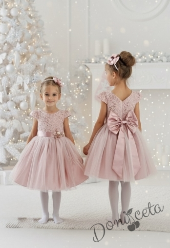 Празнична детска рокля с дантела и тюл Златина в пепел от рози и голяма панделка отзад 278ФГТ