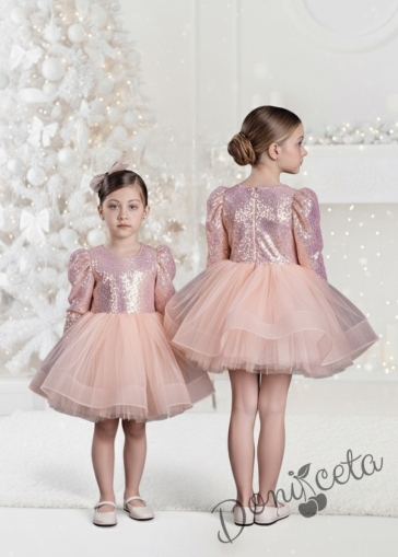 Празнична официална детска къса рокля с дълъг ръкав в прасковено с пайети Людмила