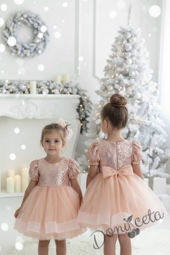 Празнична официална детска къса рокля с къс ръкав в прасковено с пайети Людмила