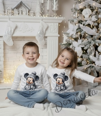 Коледна блуза в бяло с дълъг ръкав и картинка на Мики Маус