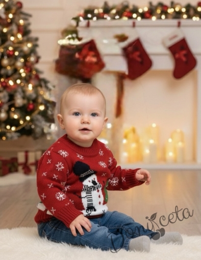 Плетен коледен пуловер със снежен човек и елха за момче