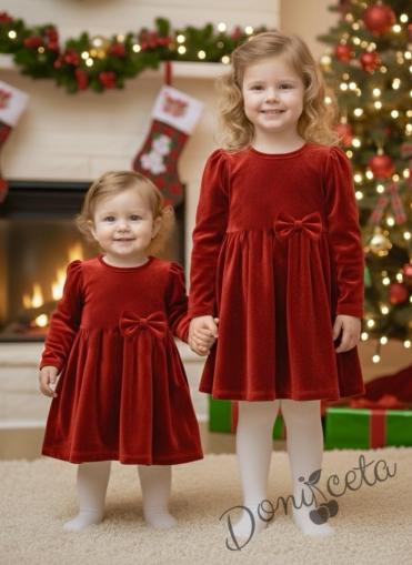 Детска/бебешка плюшена коледна рокля в червено с панделка 