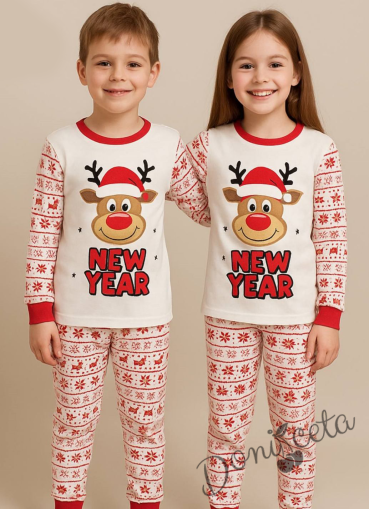 Детска коледна пижама в бяло с картинка на еленче и долнище с коледни мотиви
