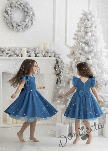 Официална празнична детска рокля с къс ръкав с брокат Балеа в светлосиньо с тюлче на ръкавите от колекция Кралина
