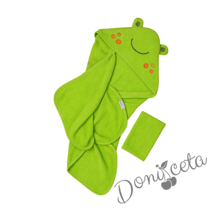 Детска хавлия за баня с качулка с жабче и ръкавица за баня