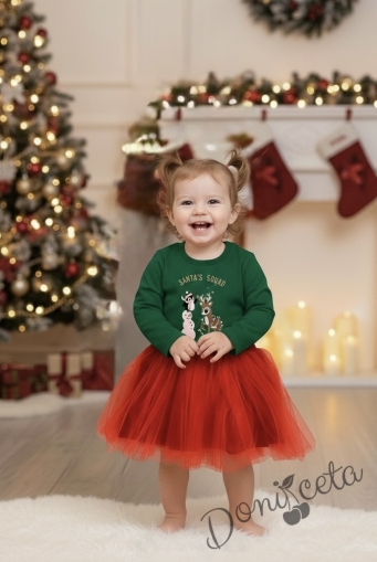 Ватирана коледна детска рокля Карена в зелено с богат тюл в червено с еленче