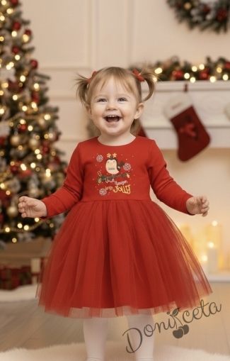 Ватирана коледна детска рокля Карена с дълъг ръкав в червено с тюл