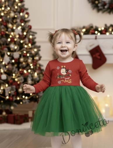 Детска коледна ватирана рокля Карена с дълъг ръкав в червено със зелен тюл птиче
