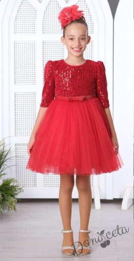 Детска рокля в червено с дълъг ръкав с пайети и коланче в червено и диадема