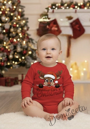 Коледно бебешко боди с дълъг ръкав в червено с еленче