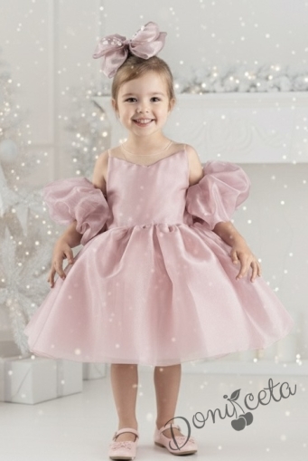 Официална празнична детска рокля с тюл в розово Даян с панделка за коса
