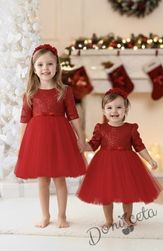 Детска рокля в червено с дълъг ръкав с пайети и коланче в червено и диадема