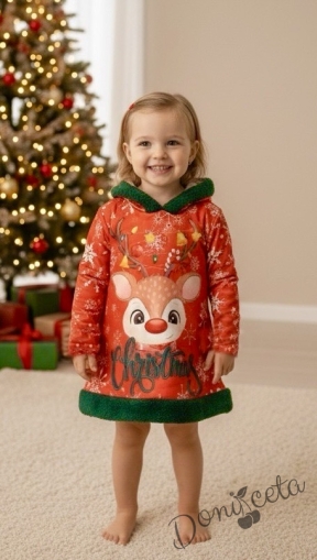 Детска коледна рокля в червено с елен и качулка