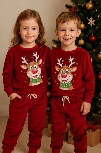 Детски коледен комплект за момиче/момче от плюшена блуза с коледен елен и плюшени панталонки в червено