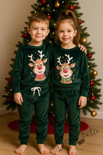 Детски коледен комплект за момиче/момче от плюшена блуза с коледни мотиви и надпис и плюшени панталонки в зелено