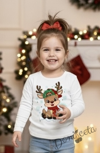 Коледна блуза в бяло с дълъг ръкав и картинка на еленче