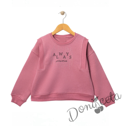 Детска блуза в пепел от рози с дълъг ръкав за момиче с надпис и блестящи камъчета