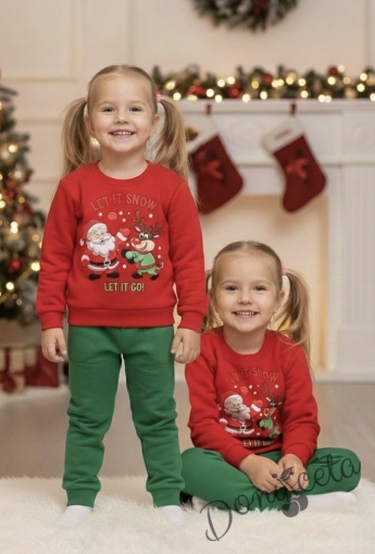 Ватиран коледен детски комплект в червено и зелено Звън с коледни мотиви