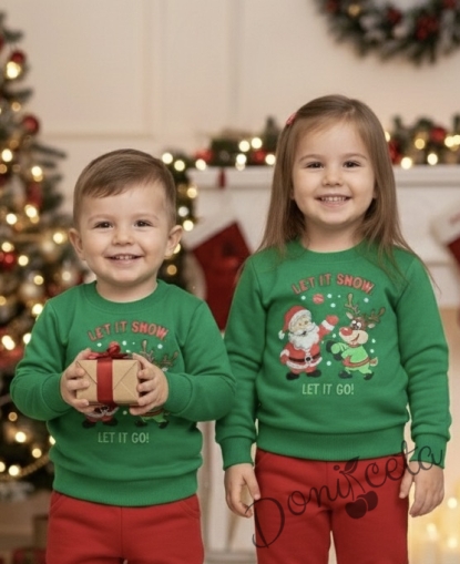 Коледна ватирана блуза с картинка в зелено 