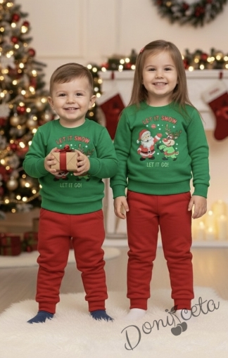 Ватиран коледен детски комплект с коледни мотиви с блузка в зелено и панталонки в червено