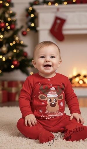 Коледен бебешки гащеризон в червено с еленче с шалче