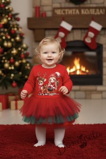 Ватирана коледна бебешка рокля в червено с еленче и момиченце и тюл в червено и зелено