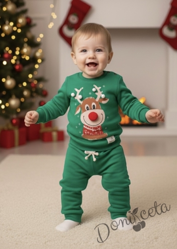 Бебешки ватиран коледен комплект от блуза и панталон в зелено с 3D еленче