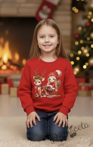 Коледна ватирана блуза с еленче и момиченце в червено 