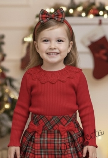 Детска рипсана блуза с дълъг ръкав в червено с дантела