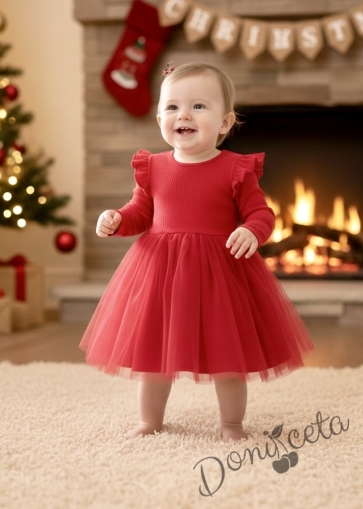Бебешка рокля в червено с дълъг ръкав с къдрички и тюл Оливия