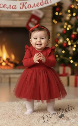 Бебешка рокля в червено с дълъг ръкав с къдрички и тюл Оливия