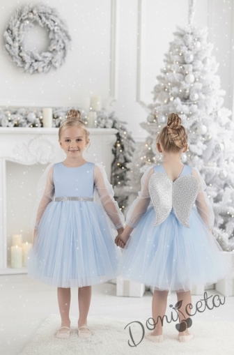 Официална детска рокля Рангелина  с дълъг прозрачен ръкав в синьо с ангелски крила