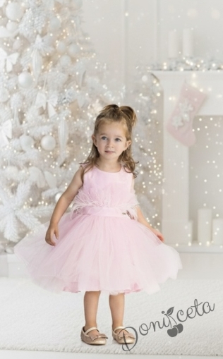 Празнична детска рокля Анелия  с тюл и пера в розово от колекция Розовина