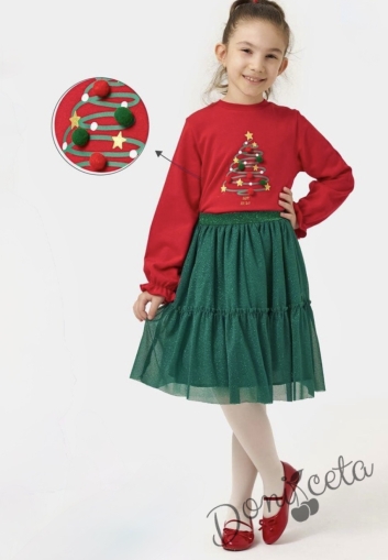 Детски коледен комплект от ватирана блуза в червено с елхичка и пола с блестящ тюл в зелено